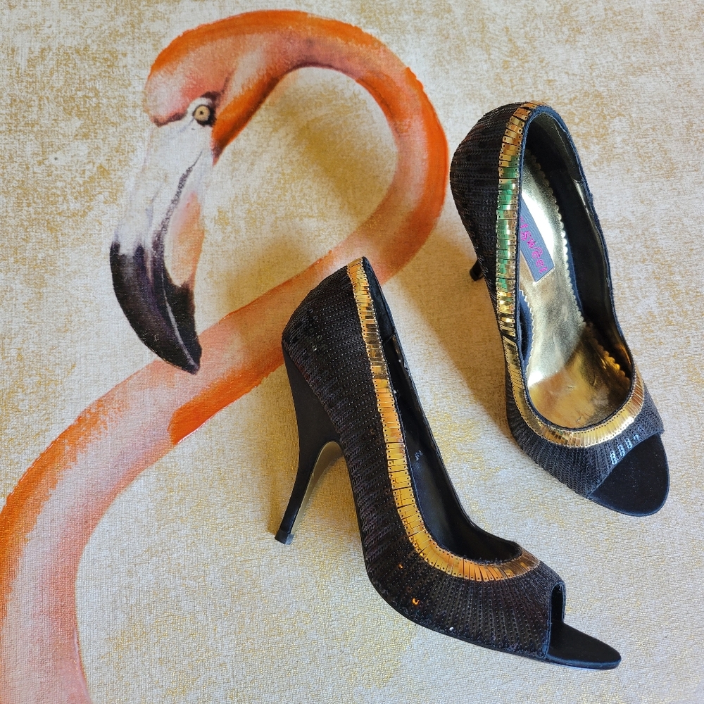 Just Sweet Sequin Peep Toe Heels Shoes Black Gold 7.5